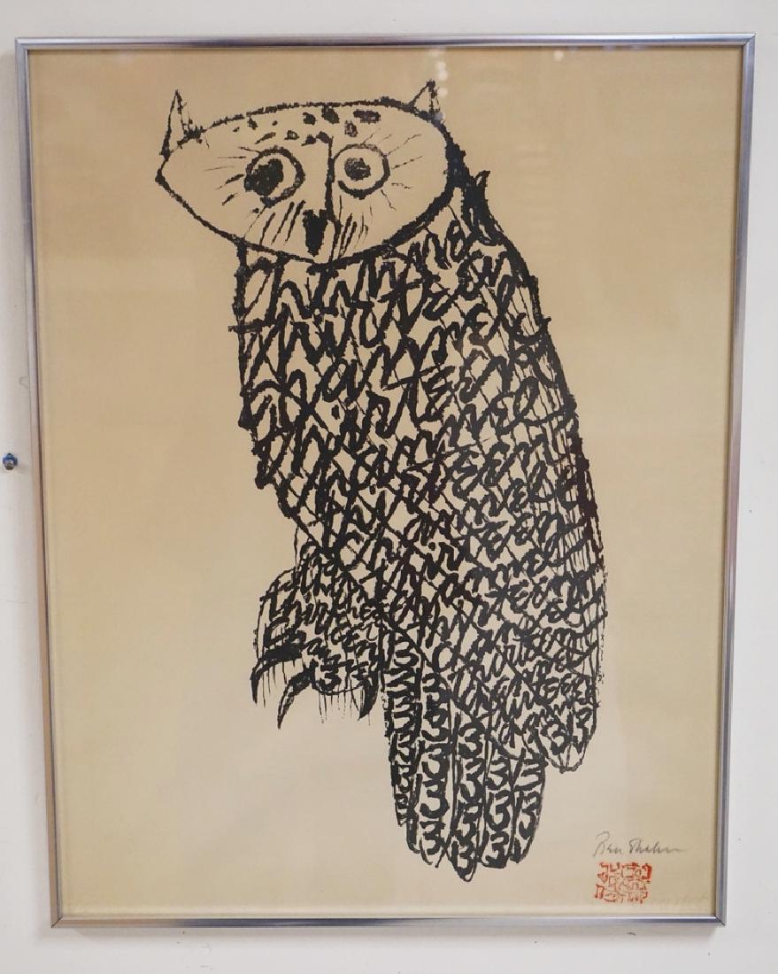 BEN SHAHAN: BEN SHAHAN PRINT OF AN OWL ON MOURLOT WATERMARKED PAPER. 20 1/4 X 26 1/4 INCH FRAME.