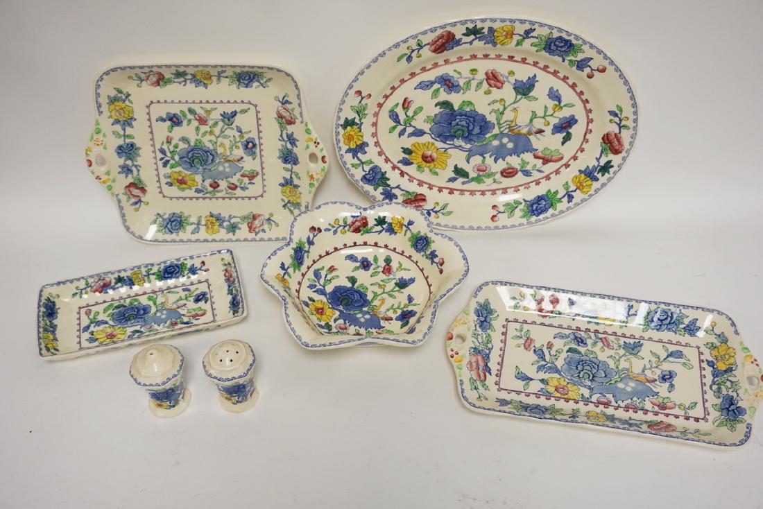 MASONS DINNERWARE: 7 PIECES OF MASON'S POLYCHROME DECORATED SERVING PIECES IN THE *PLANTATION COLONIAL* PATTERN.