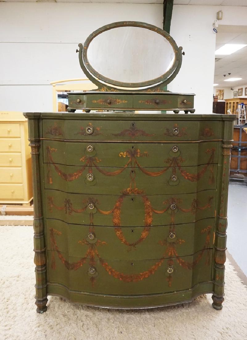 ANTIQUE OAK: ANTIQUE OAK CHEST OF DRAWERS WITH A MATCHING VANITY MIRROR TOP. PAINT DECORATED. HAS LOSSES TO TRIM AND WATER RING ON TOP.