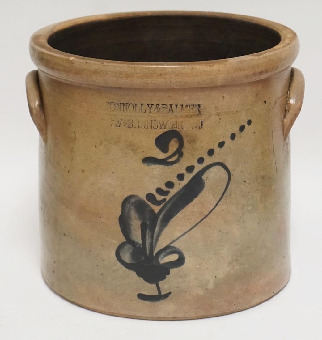 STONEWARE: BLUE DECORATED STONEWARE CROCK. CONNOLY & PALMER. NEW BRUNSWICK NJ. 2 GALLON. 9 1/4 INCHES HIGH.