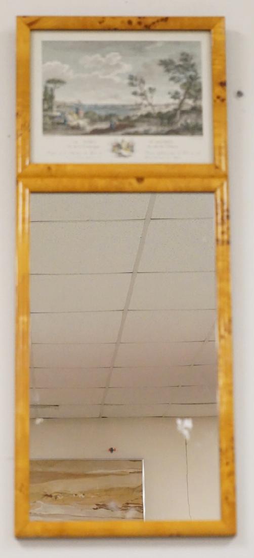 FRENCH TRUMEAU MIRROR: FRENCH TRUMEAU MIRROR WITH FIGURED MAPLE FRAME. THE TOP HAVING A PRINT OF *LE PORT VU DE LA CAMPAGNE*. 11 3/4 INCH X 29 INCH