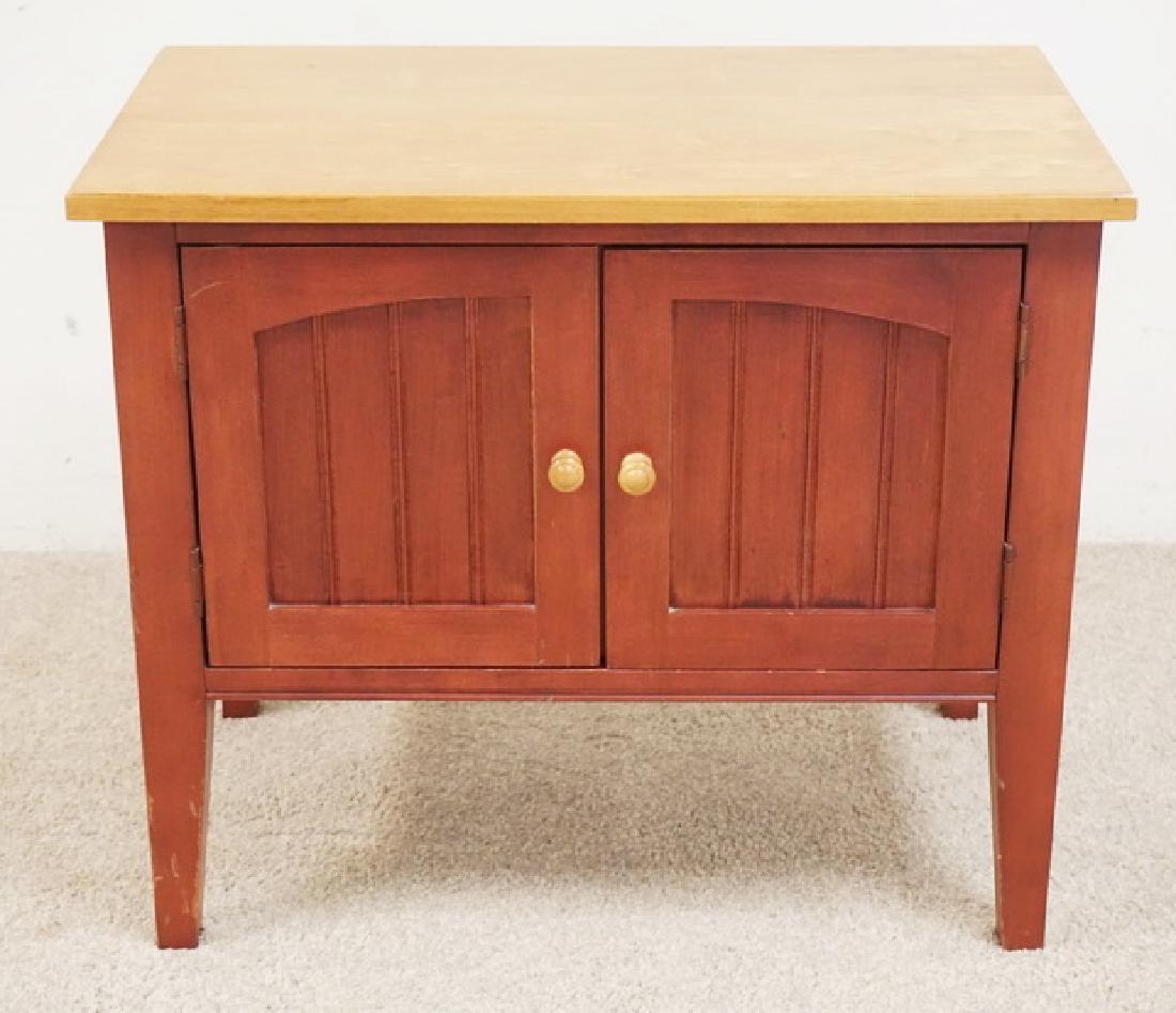 ETHAN ALLEN: ETHAN ALLEN CABINET WITH 2 DOORS. RED AND NATURAL FINISH. 27 INCHES WIDE. 23 INCHES HIGH.