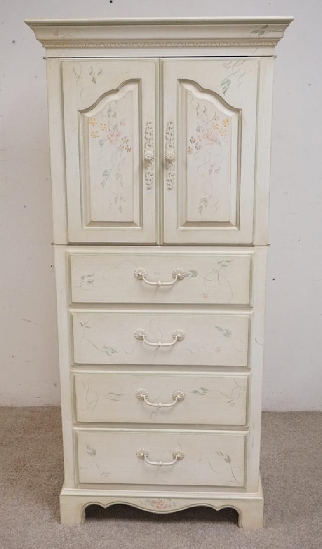 ETHAN ALLEN: ETHAN ALLEN PAINT DECORATED CABINET. 28 INCHES WIDE. 62 INCHES HIGH.