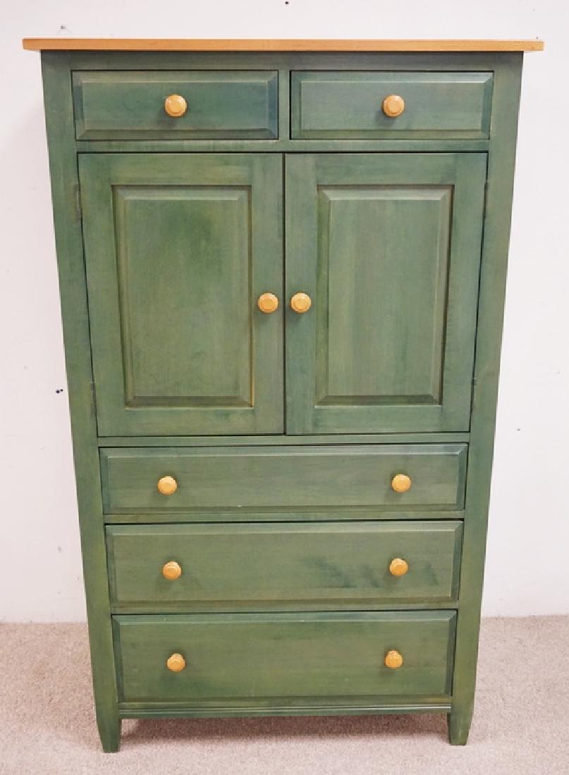 ETHAN ALLEN: ETHAN ALLEN CABINET IN GREEN AND NATURAL FINISH. 35 1/2 INCHES WIDE. 60 INCHES HIGH.