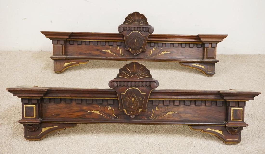 PAIR OF CARVED VICTORIAN VALANCES.: PAIR OF CARVED VICTORIAN VALENCES WITH GILT ACCENTS. 46 INCHES WIDE.