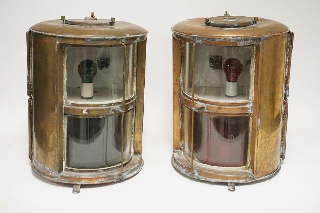 COPPER SHIP LIGHTS: PAIR OF LARGE COPER & BRASS SHIP LIGHTS. PORT AND STARBOARD. 18 3/4 INCHES HIGH.