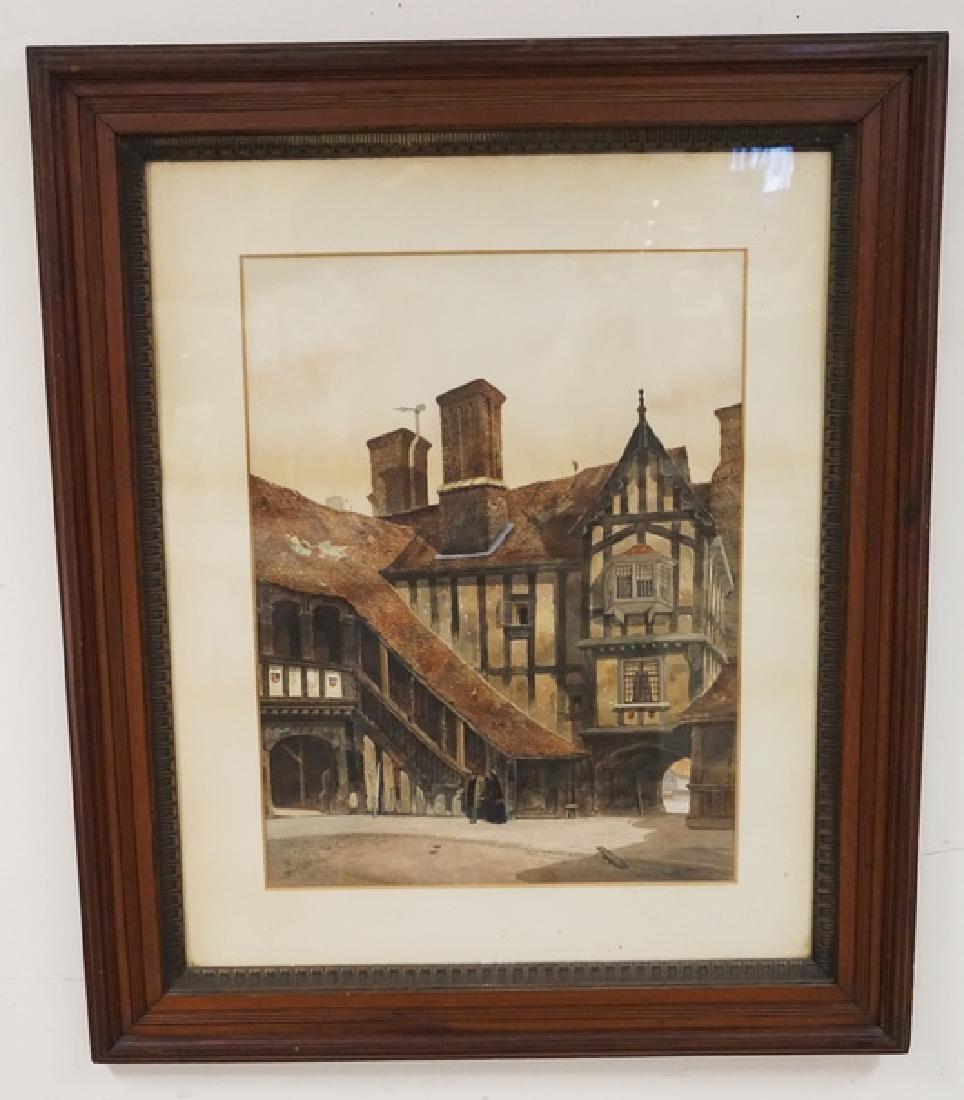 JAMES LAWSON STEWART: JAMES LAWSON STEWART WATERCOLOR OF AN ENGLISH STREET SCENE WITH BUILDINGS. SIGNED LOWER LEFT. 18 3/4 X 25 1/4 INCH SIGHT SIZE. FRAMED IN WALNUT.
