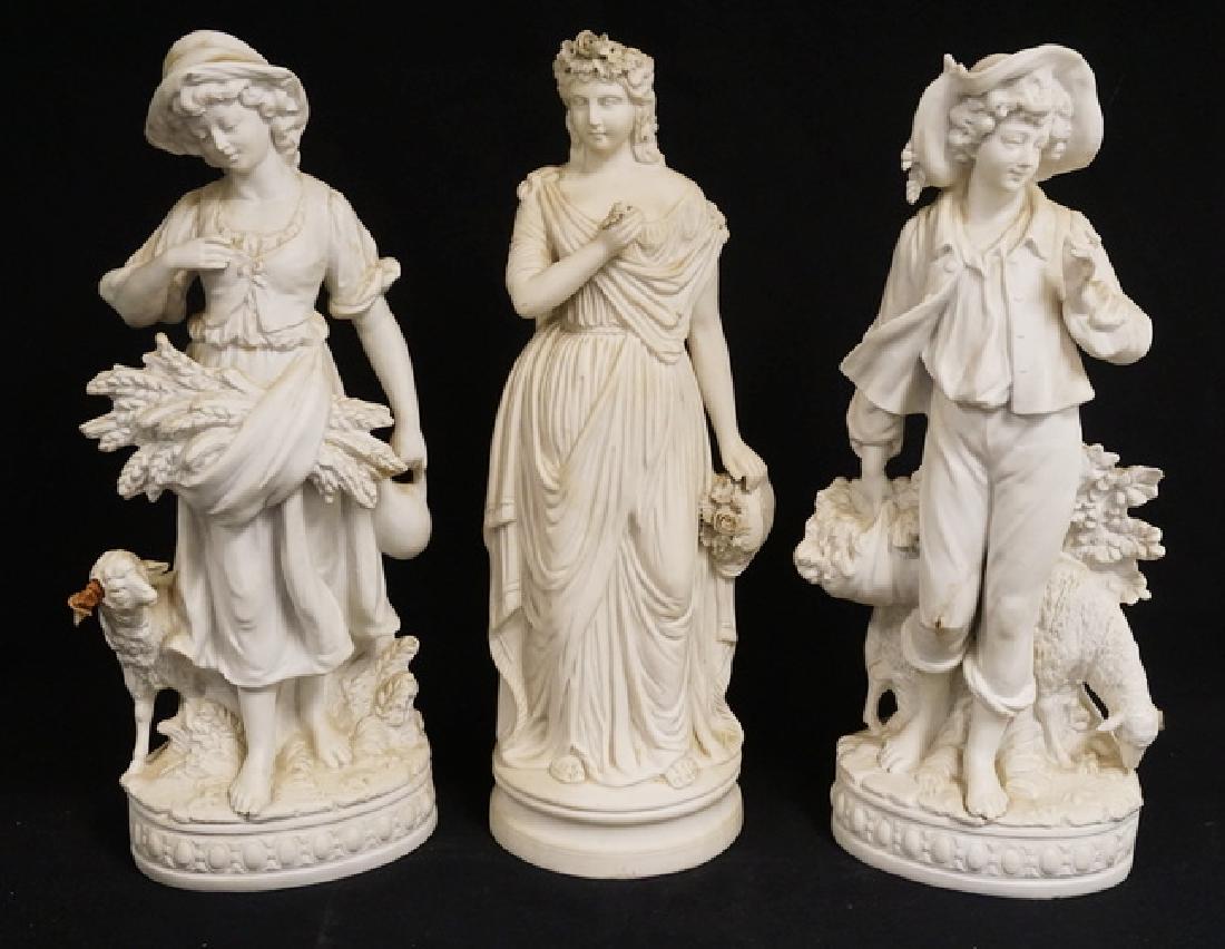 PARIAN FIGURES: 3 PARIAN FIGURES. SOME LOSSES. 2 LOOSE LAMB EARS. SMALL NICKS ON THE FLOWER PETALS. 14 1/2 INCHES HIGH.