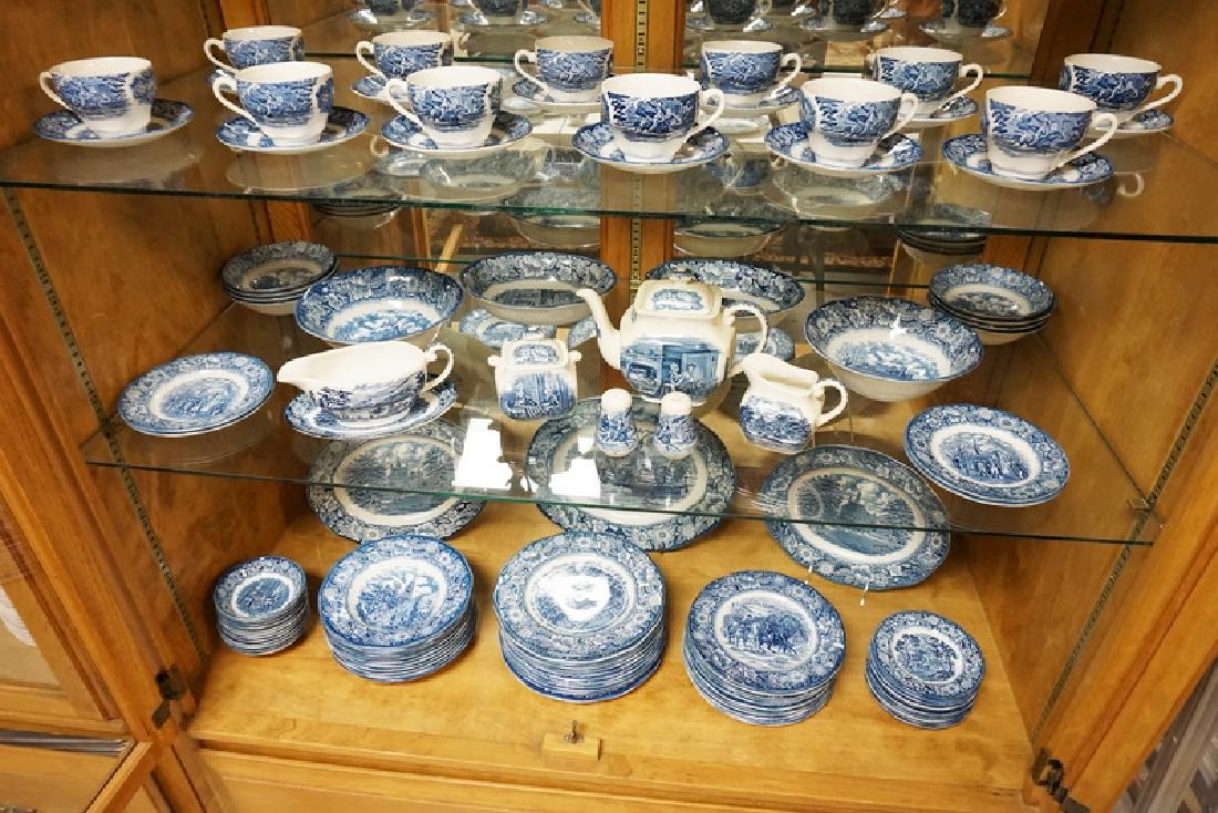 LIBERTY BLUE DINNERWARE SET: 108 PIECE LIBERTY BLUE DINNERWARE SET. LARGEST PLATTER IS 14 INCHES.