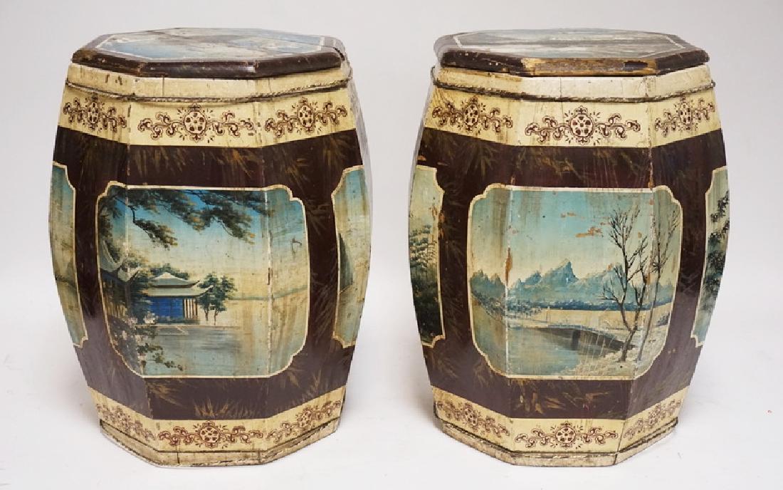 ASIAN RICE BARRELS: PAIR OF ASIAN HAND PAINTED RICE BARRELS. 18 INCHES HIGH.