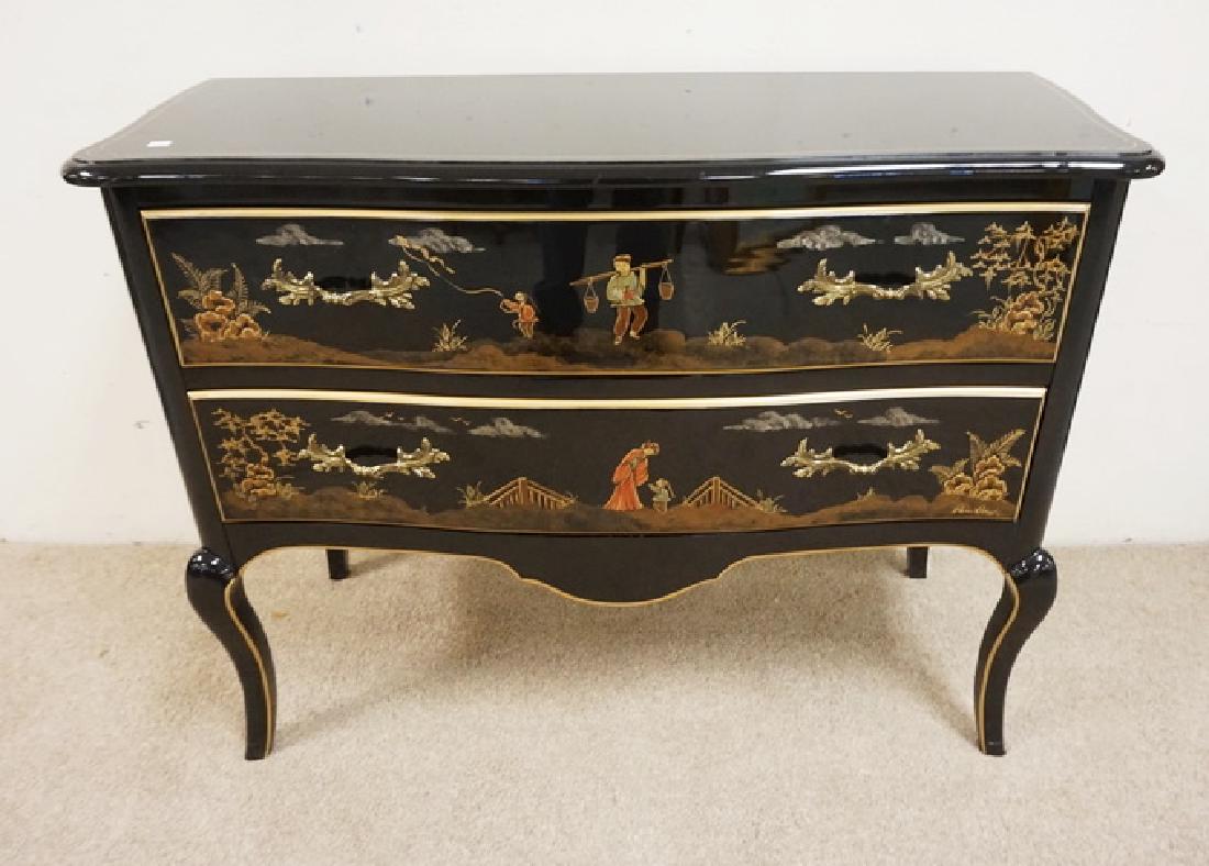 CHINOISERIE 2 DRAWER CHEST: BLACK LACQUERED AND CHINOISERIE DECORATED 2 DRAWER CHEST, SERVER. 43 1/2 INCHES WIDE. 32 INCHES HIGH.