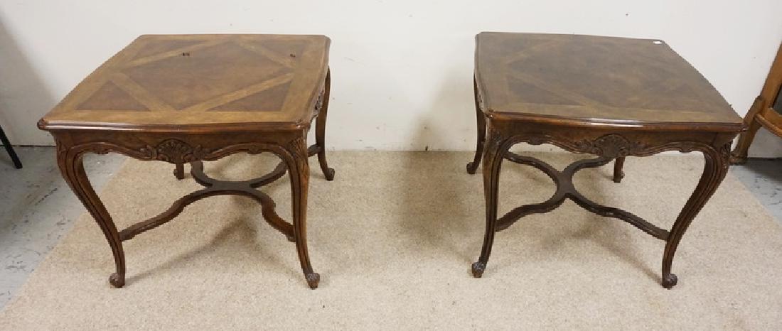 DREXEL END TABLES: PAIR OF DREXEL HERITAGE END TABLES WITH CARVED ACCENTS AND PARQUETRY TOPS. 26 INCHES SQUARE. 22 INCHES HIGH.