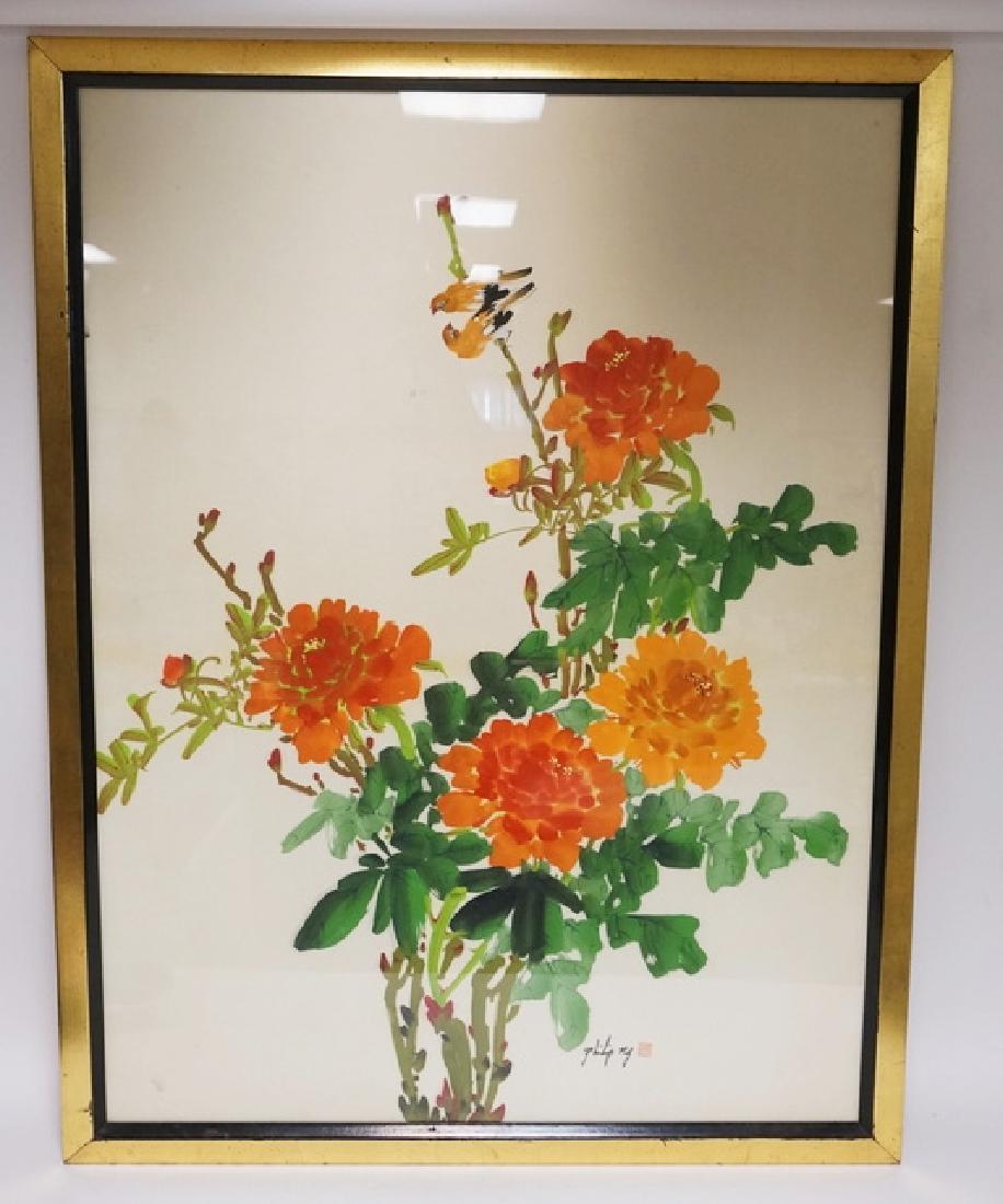 PHILIP NG PAINTING ON SILK: PHILIP NG PAINTING ON SILK OF BIRDS AND FLOWERS. 33 X 43 INCH FRAME