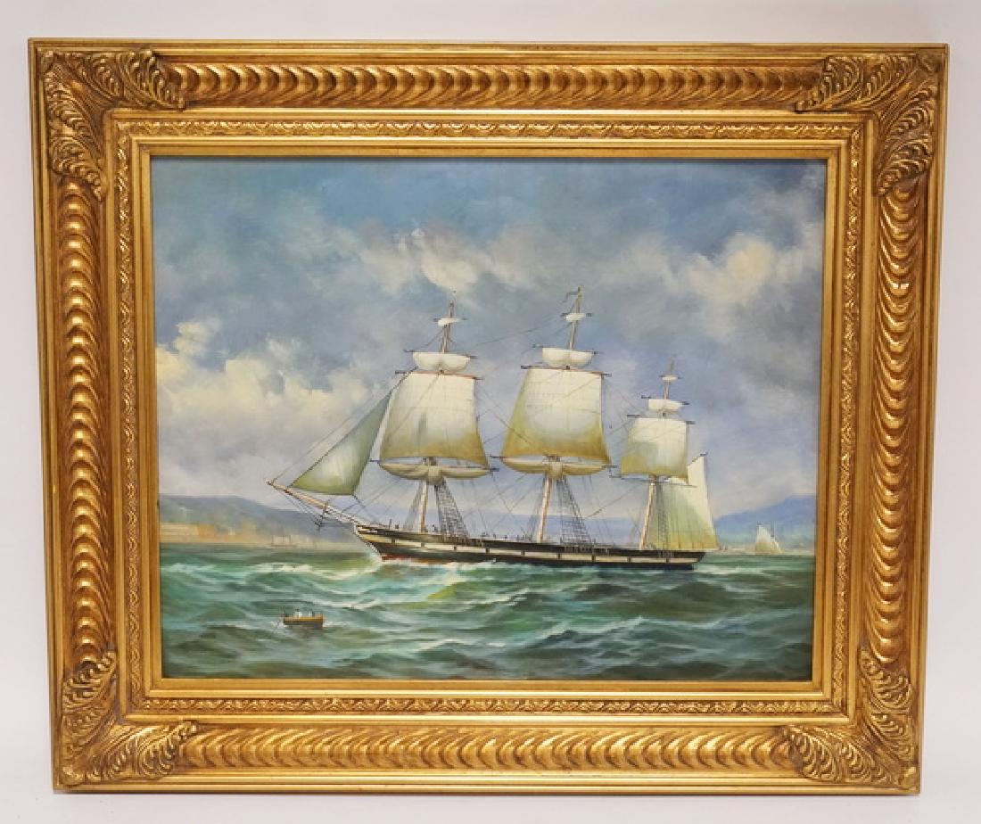 USS CONSTELLATION PAINTING ON BOARD: CONTEMPORARY OIL PAINTING ON BOARD OF THE USS CONSTELLATION AT SEA. GOLD GILT FRAME MEASURING 25 1/2 X 21 1/2 INCHES.