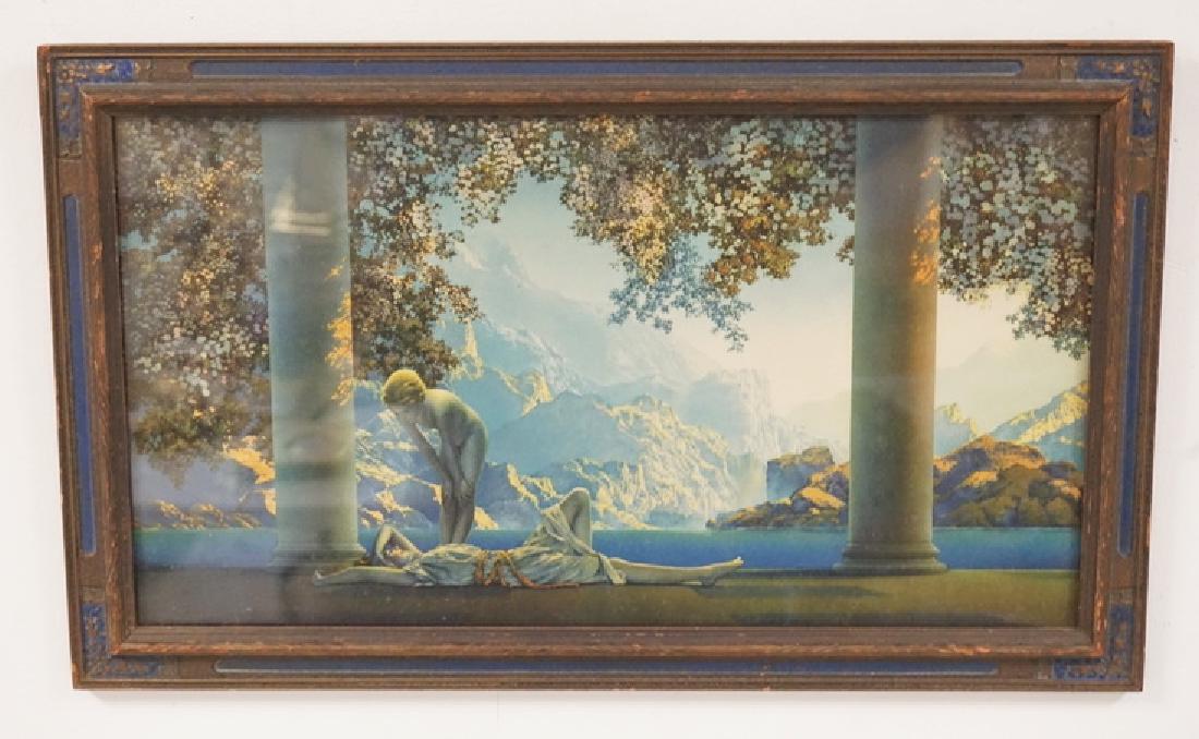 MAXFIELD PARRISH: MAXFIELD PARRISH DAYBREAK WITH ORIGINAL FRAME. 20 1/4 X 12 1/4 INCH FRAME.