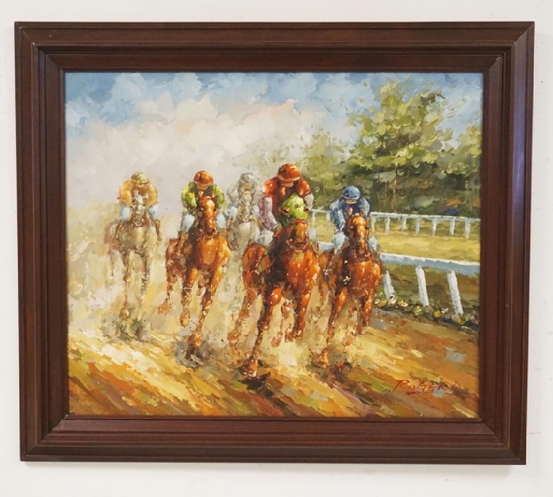 OIL PAINTING ON CANVAS OF RACEHORSES.: OIL PAINTING ON CANVAS OF RACEHORSES. SIGNED LOWER RIGHT *ROGERS*. 23 1/2 X 19 1/2 INCH SIGHT SIZE.