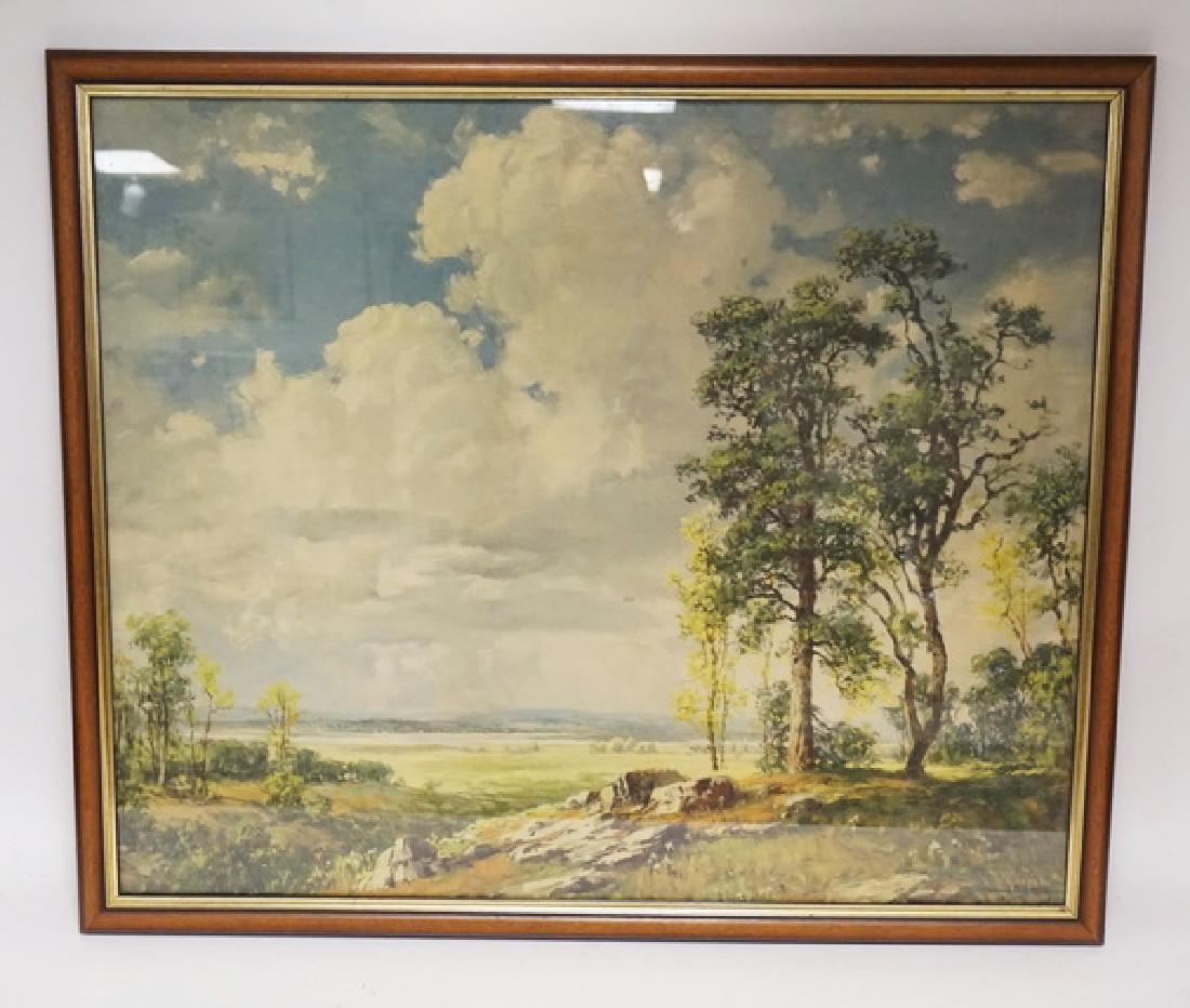 A.D. GREEN ARTS & CRAFTS STYLE PRINT.: A.D. GREER ARTS & CRAFTS STYLE PRINT OF A COUNTRYSTIDE. 35 1/2 X 30 INCH FRAME.