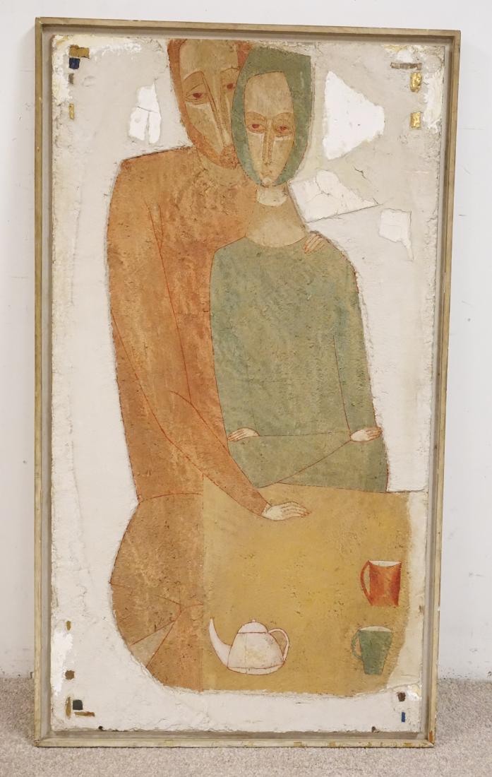 ADAM NIEMCZYC: ADAM NIEMCZYC *FIANCEES FROM GHETTO* MIXED MEDIA ARTWORK. SIGNED ON VERSO. 28 X 49 1/2 INCHES OVERALL.