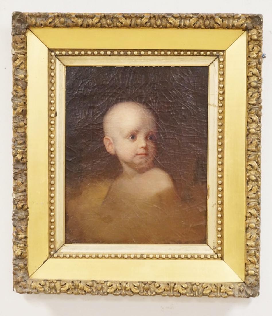 ANTIQUE UNUUAL OIL PAINTING ON CANVAS OF A BALD CHILD.: ANTIQUE UNUSUAL OIL PAINTING ON CANVAS OF A BALD CHILD. 13 1/2 X 17 1/4 INCH SIGHT SIZE.