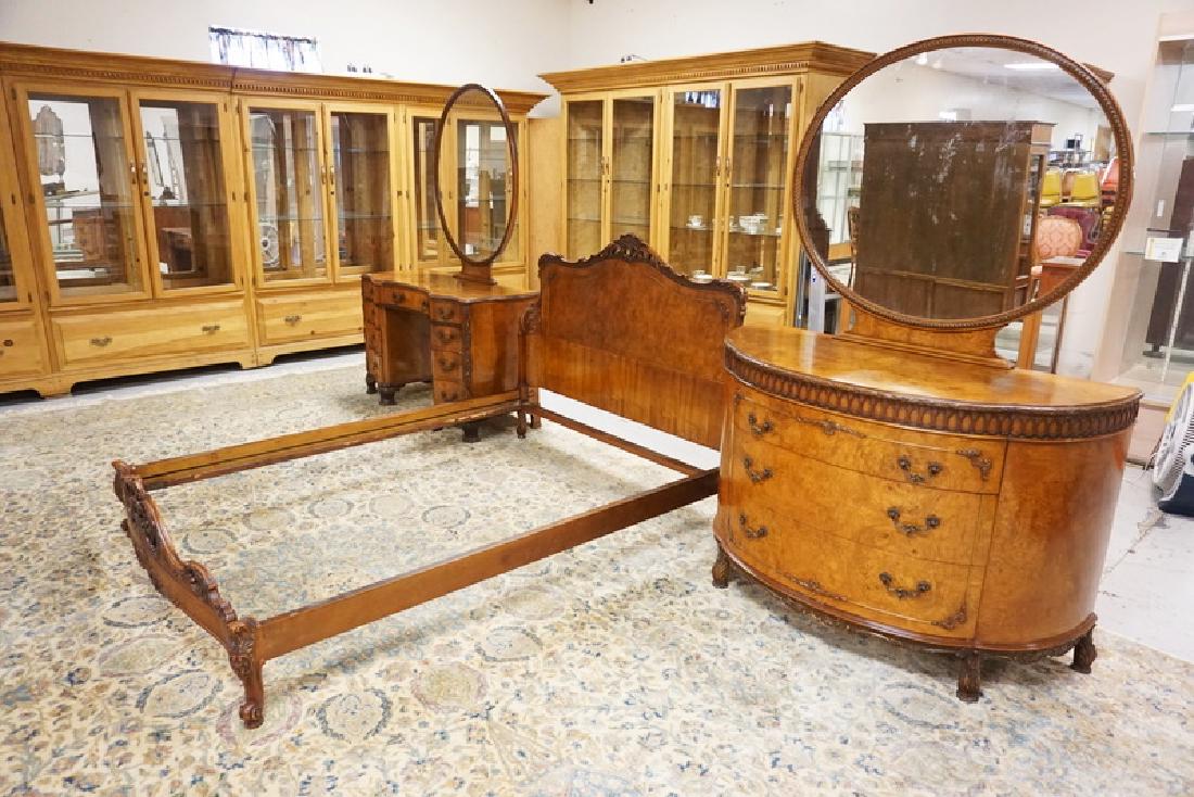 3 PIECE CARVED DECO BEDROOM SET. BURLED WOODS.: 3 PIECE CARVED & BURLED WOOD BEDROOM SET. BOW FRONT CHEST WITH MIRROR, KNEEHOLE DESK WITH MIRROR, AND A FULL SIZE BED.
