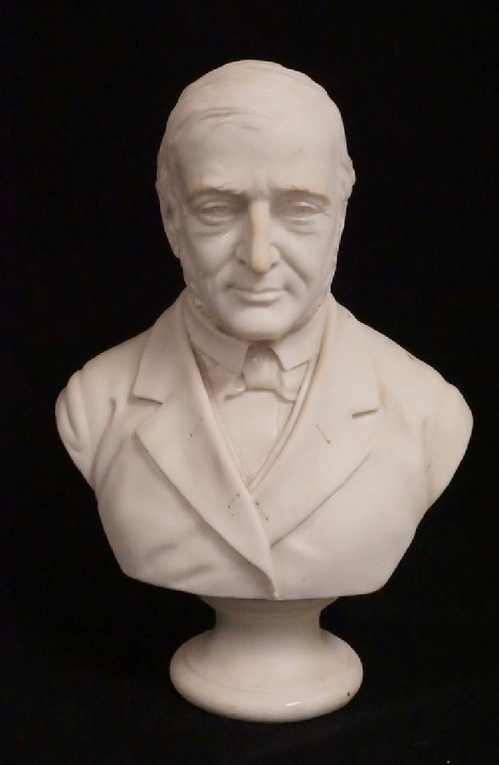 PARIAN BUST OF RALPH WALDO EMERSON.: BOLTED PARIAN BUST OF RALPH WALDO EMERSON. 11 INCHES HIGH.