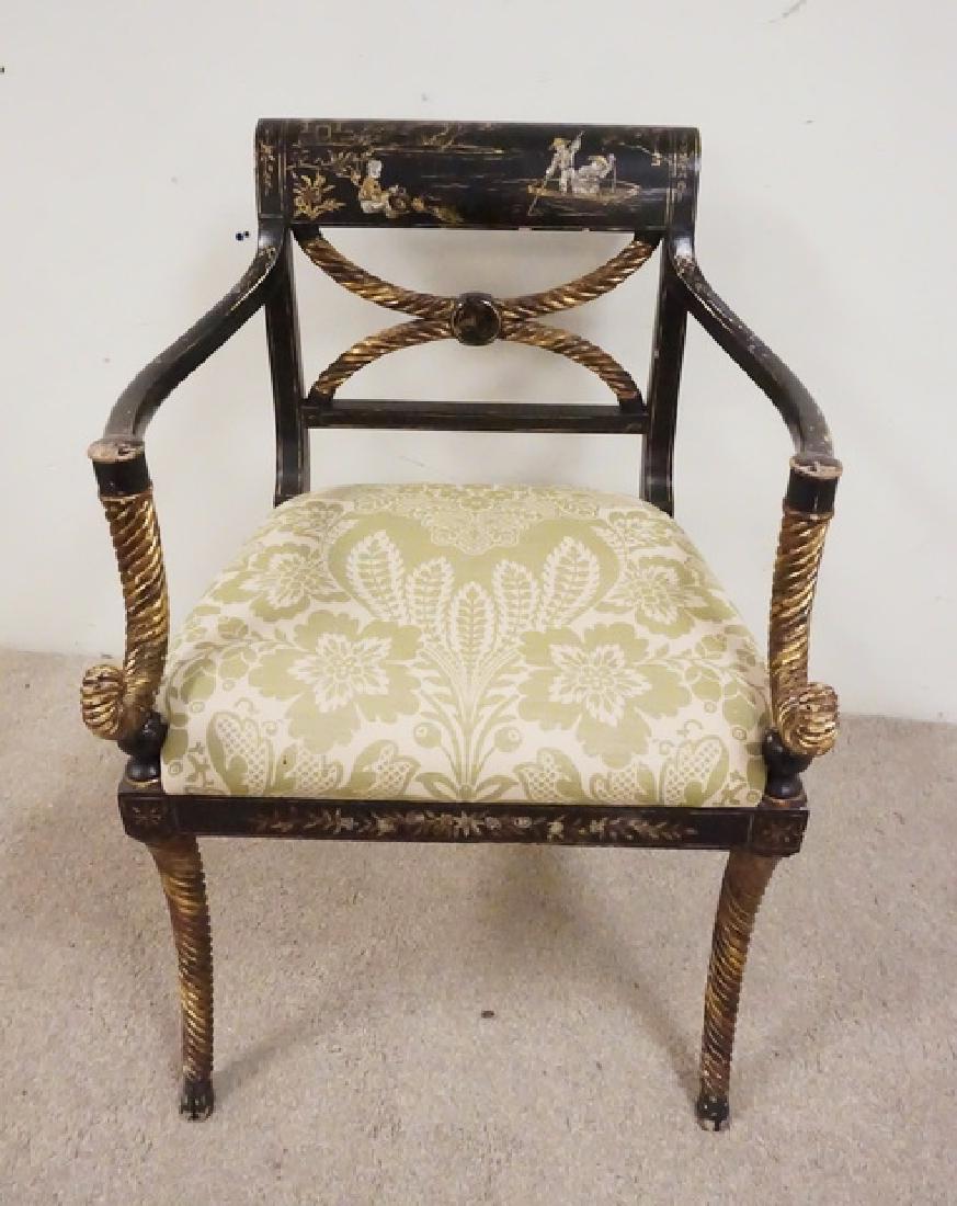 EBONIZED AND GOLD GILT CHINOISERIE CHAIR: EBONIZED AND GOLD GILT CHINOISERIE CHAIR. 34 1/4 INCHES HIGH. 25 INCHES WIDE. SOME WEAR.