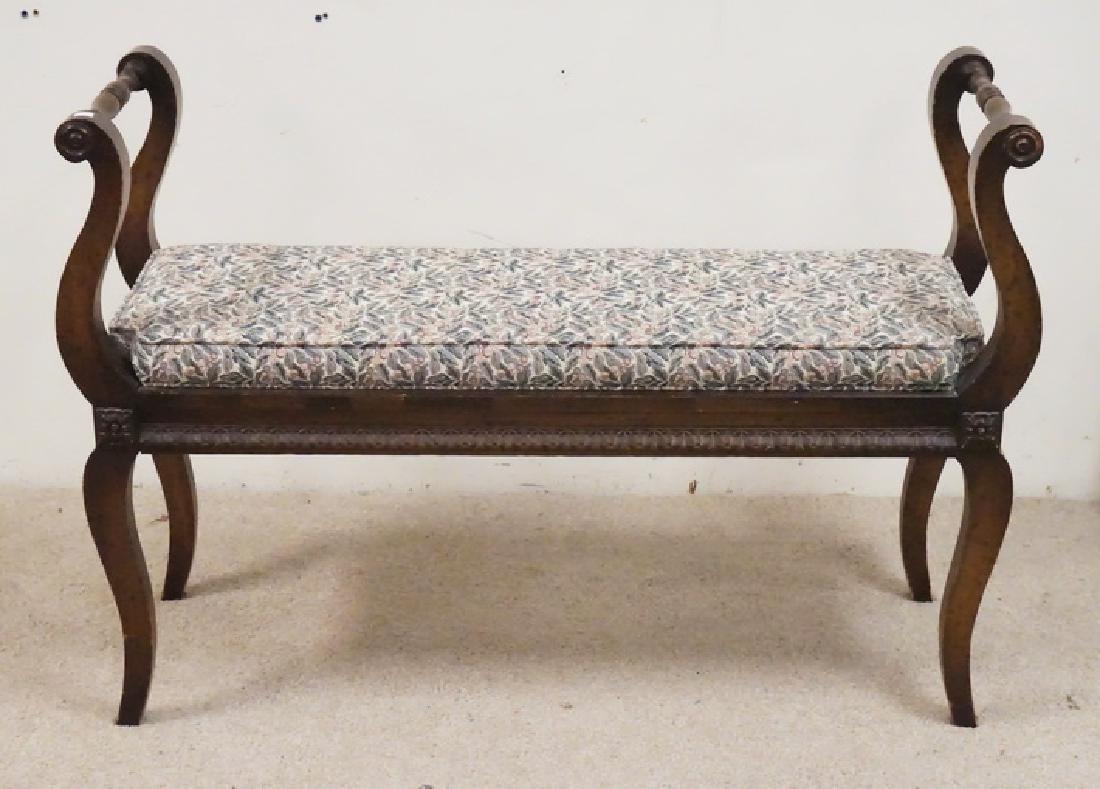 CARVED WINDOW BENCH.: CARVED WINDOW BENCH WITH AN UPHOLSTERED SEAT.