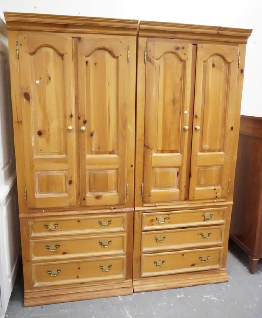 THOMASVILLE PINE CABINETS: PAIR OF THOMASVILLE DISTRESSED PINE CABINETS WITH LIGHTING,GLASS SHELVES AND PULL OUT SURFACES. 32 IN WIDE, 79 1/4 IN H