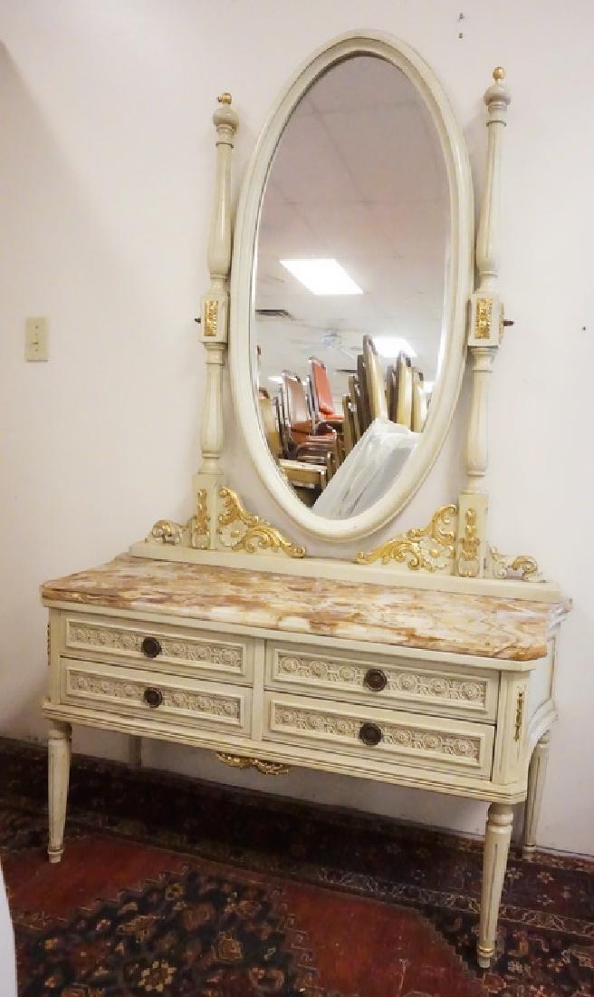 MARBLE TOP VANITY: PAINT DECORATED AND GILT VANITY WITH DARK MARBLE TOP. 42 1/2 IN WIDE, 70 IN HIGH