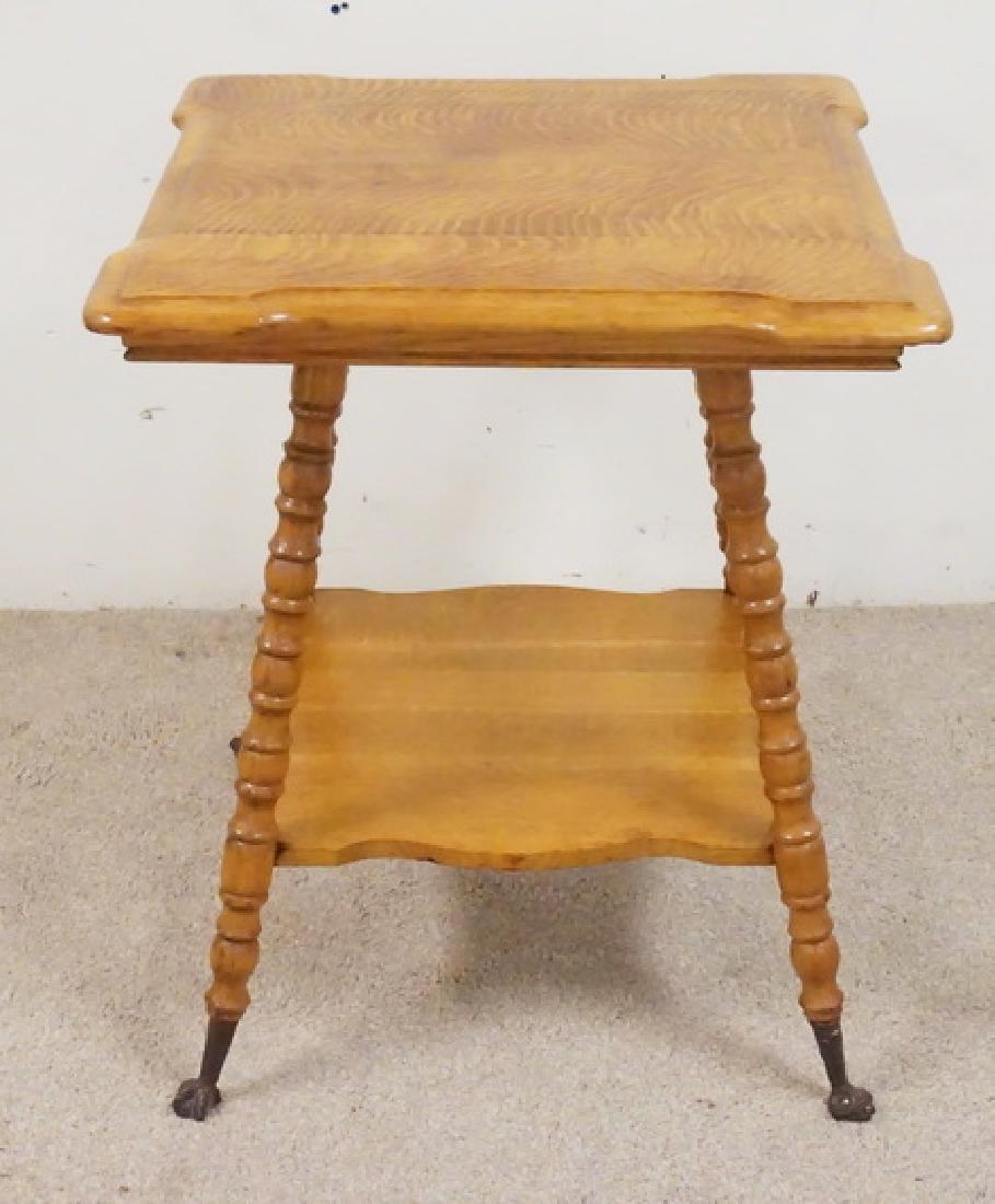 OAK LAMP TABLE: CARVED OAK LAMP TABLE WITH GLASS BALL AND CLAW FEET. 29 INCHES HIGH. 23 3/4 INCHES SQUARE.