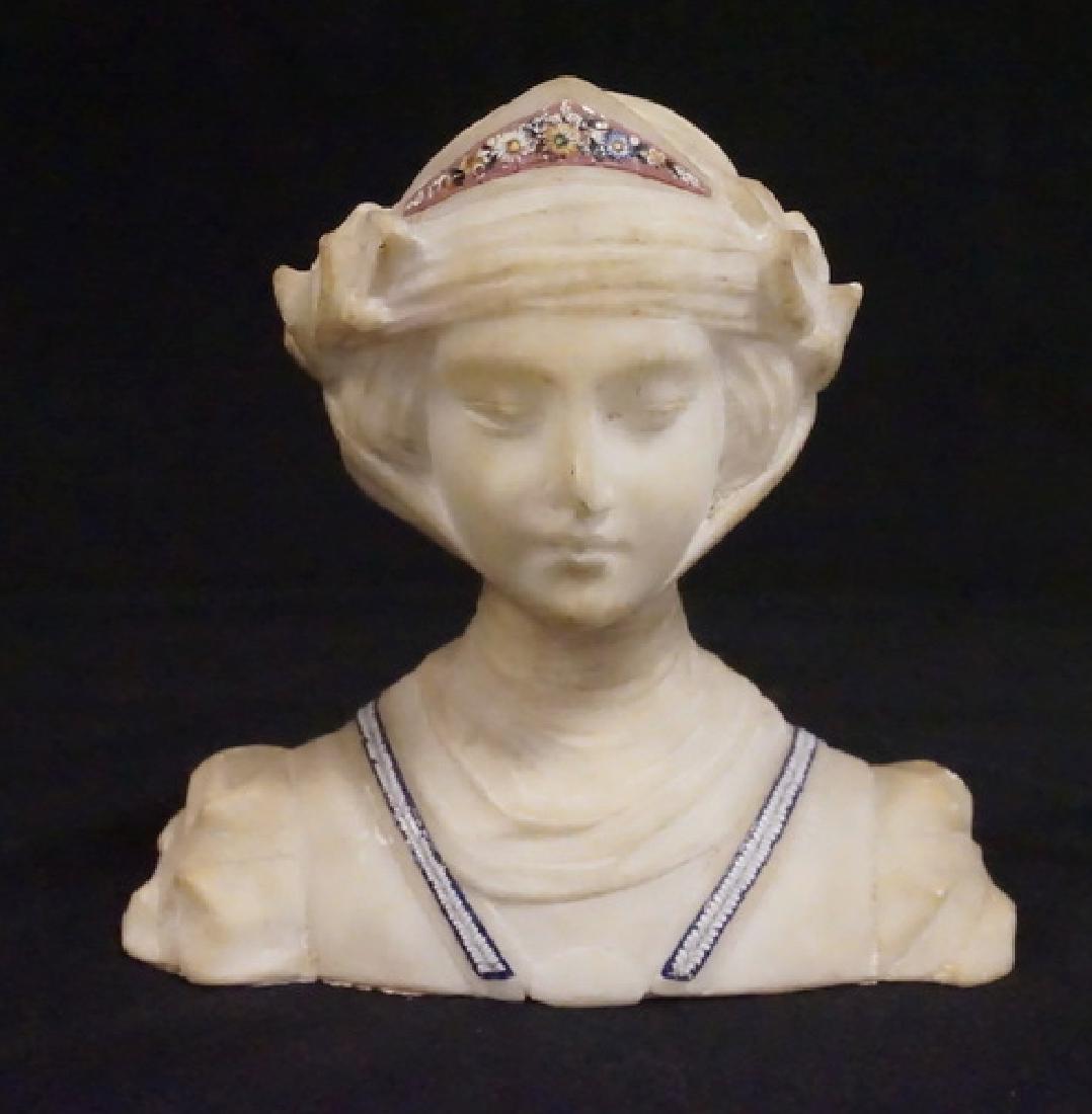 ALABASTER & MICRO MOSAIC BUST: CARVED ALABASTER BUST WITH MICRO MOSAIC ACCENTS. 5 1/4 INCHES HIGH. 5 3/4 INCHES WIDE.