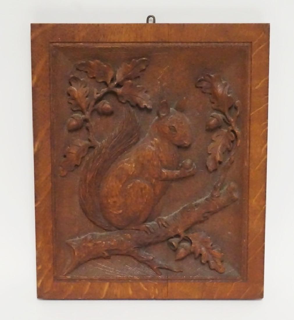 SAMUEL THATCHER ANTIQUE WOOD CARVING: SAMUEL THATCHER WOOD CARVING OF A SQUIRREL AND ACORNS. DATED 1890. 12 3/4 X 15 1/8 INCHES.