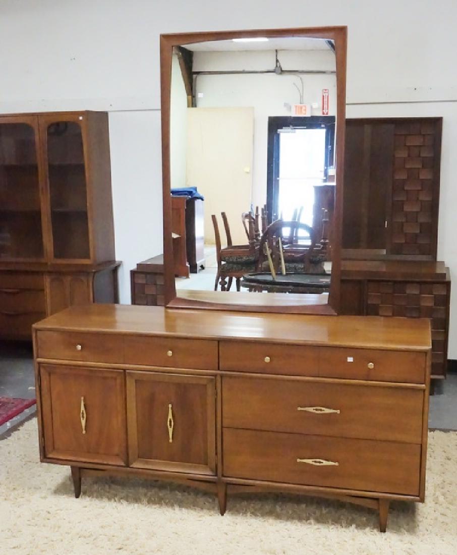 KENT COFFEY CHEST: KENT COFFEY MID CENTURY MODERN CHEST WITH MIRROR. 64 INCHES WIDE. 79 INCHES HIGH.