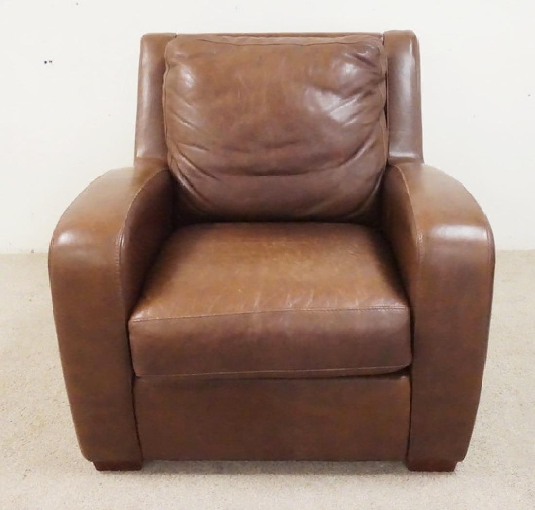 CRATE & BARREL LEATHER LOUNGE CHAIR: CRATE & BARREL BROWN LEATHER LOUNGE CHAIR. 33 1/2 INCHES HIGH. 35 INCHES WIDE.