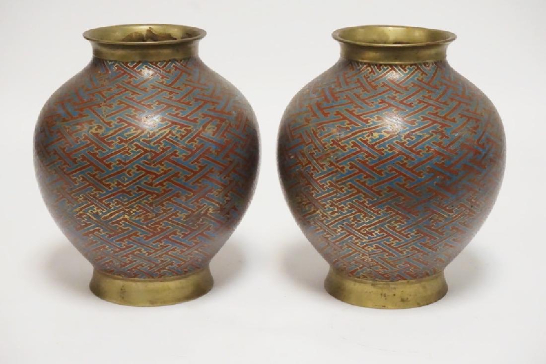 CHAMPLEVE VASES: PAIR OF JAPANESE CHAMPLEVE VASES. 9 1/4 INCHES HIGH.