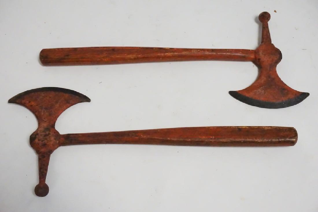 PAIR OF PAINT DECORATED HATCHETS: PAIR OF PAINT DECORATED AXES. 16 INCHES LONG. WOODEN HANDLES.