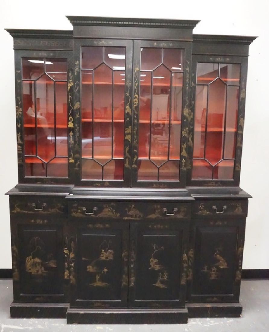 CHINOISERIE DECORATED CHINA CABINET: CHINOISERIE DECORATED CHINA CABINET. 82 1/2 INCHES HIGH. 66 INCHES WIDE.