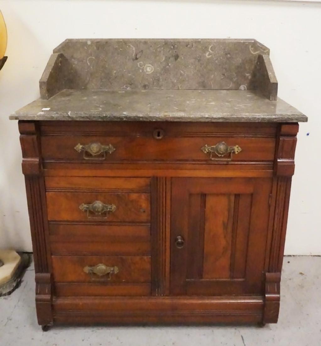 VICTORIAN MARBLE TOP WASHSTAND WITH LINE CARING AND: VICTORIAN MARBLE TOP WASHSTAND WITH LINE CARING AND BURLED PANELS.