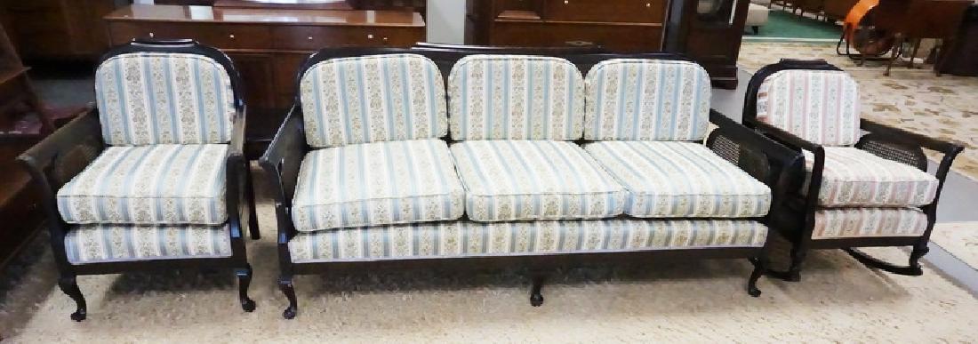 3 PIECE LIVING ROOM SET. SOFA, CHAIR AND ROCKER.: 3 PIECE LIVING ROOM SET. SOFA, CHAIR AND ROCKER. BROCADE UPHOSTERED CUSHIONS. CANED SIDES AND BACKS.
