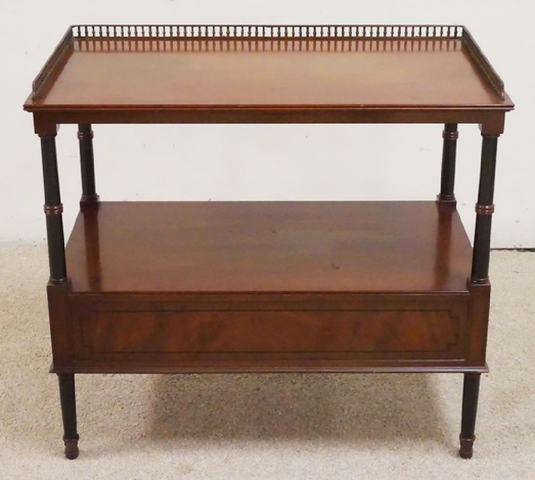 BEACON HILL LAMP TABLE: BEACON HILL MAHOGANY LAMP TABLE WITH A PASS THROUGH DRAWER AND A BRASS GALLERY. 27 INCHES WIDE. 24 1/2 INCHES HIGH.