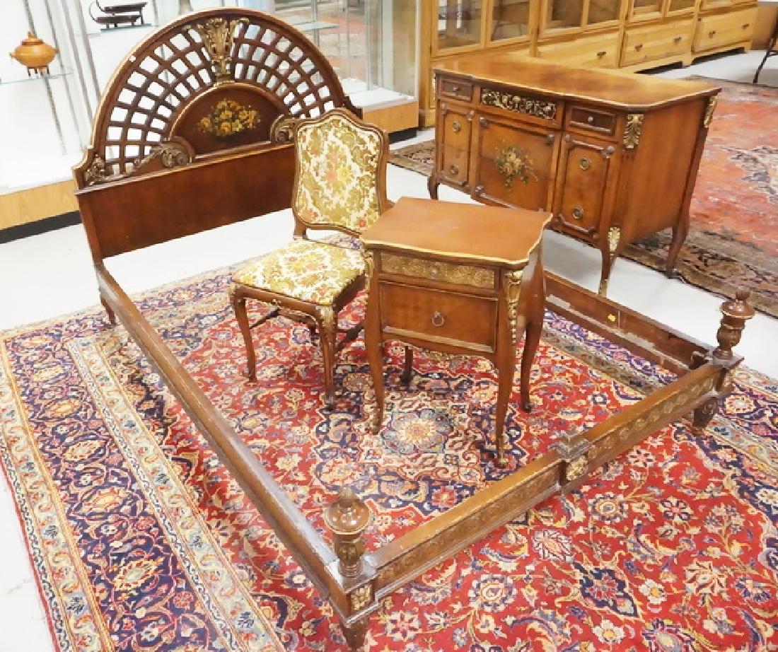 4 PIECE BEDROOM SET.: 4 PIECE BEDROOM SET. ORNATELY CARVED, GOLD GILT ACCENTS, AND PAINTED FLOWERS. INCLUDES A FULL SIZE BED, CHESTM NIGHTSTAND AND CHAIR.