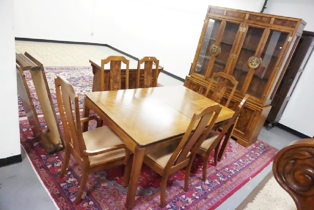 BERNHARDT DINING ROOM SET: 9 PIECE BERNHARD DINING ROOM SET. TABLE, 6 CHAIRS, 2 PIECE BREAKFRONT, SERVER, AND 2 LEAVES.