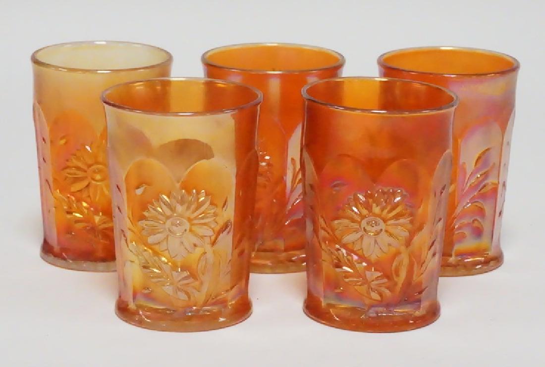CARNIVAL GLASS TUMBLERS: SET OF 5 NORTHWOOD MARIGOLD CARNIVAL GLASS DANDELION PATTERN TUMBLERS. SIGNED N, ONE HAS 2 BASE CHIPS. 4 1/4 IN H