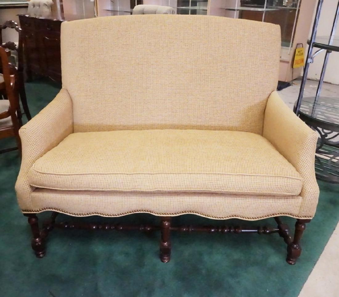 SOUTHWOOD LOVESEAT: SOUTHWOOD UPHOLSTERED LOVESEAT WITH TURNED STRETCHER BASE 50 1/2 IN WIDE, 44 IN H