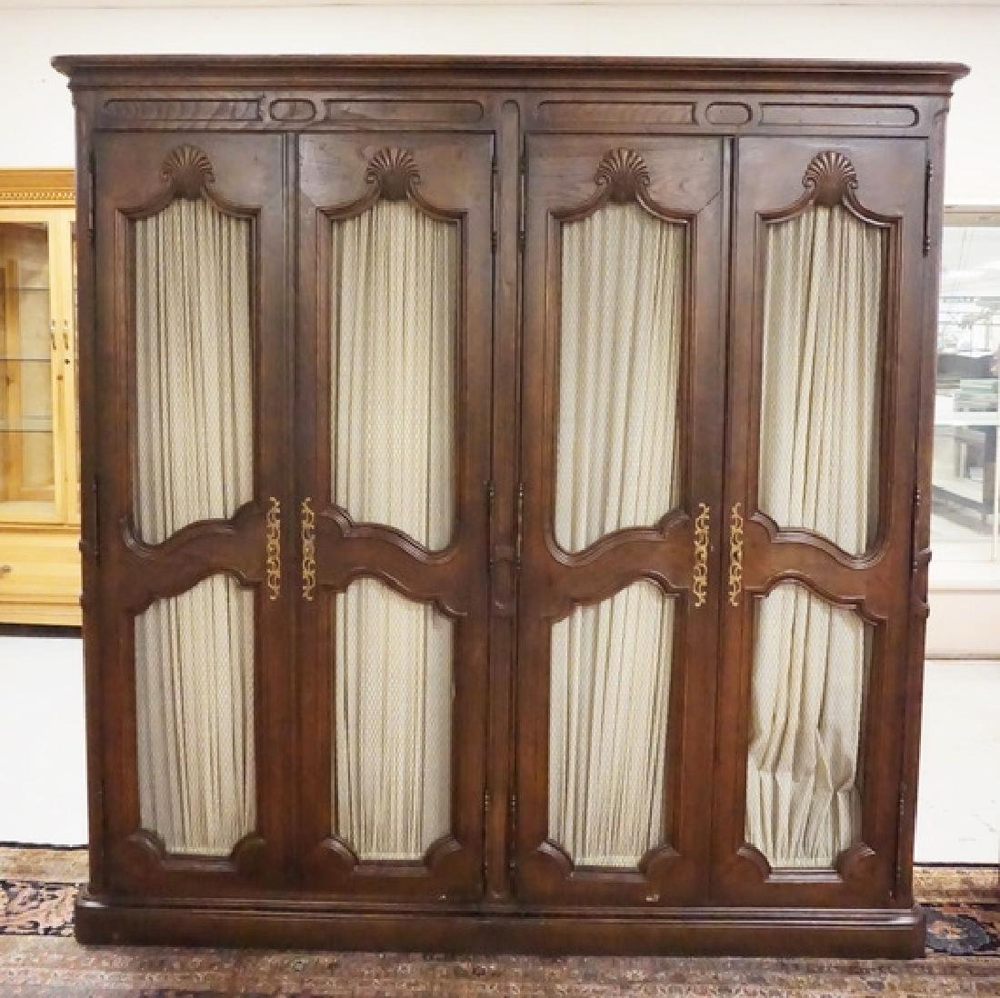 HENREDON LG CABINET: HENREDON LARGE LIGHTED CABINET WITH 4 WIRE MESH DOORS. GLASS SHELVES, APP 82 IN WIDE, 82 IN HIGH