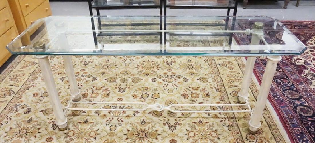 GLASS AND IRON SOFA TABLE: IRON BASE SOFA TABLE WITH BEVELED EDGE GLASS TOP. 66 IN X 22 IN, 27 IN H