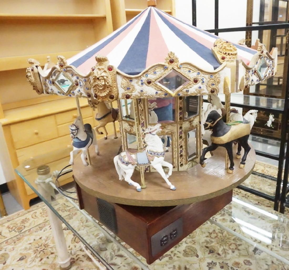 ELECTRIC CAROUSEL: ELECTRIC CAROUSEL. 28 IN H, APP 30 IN DIAMETER. ONE CORNICE MISSING.