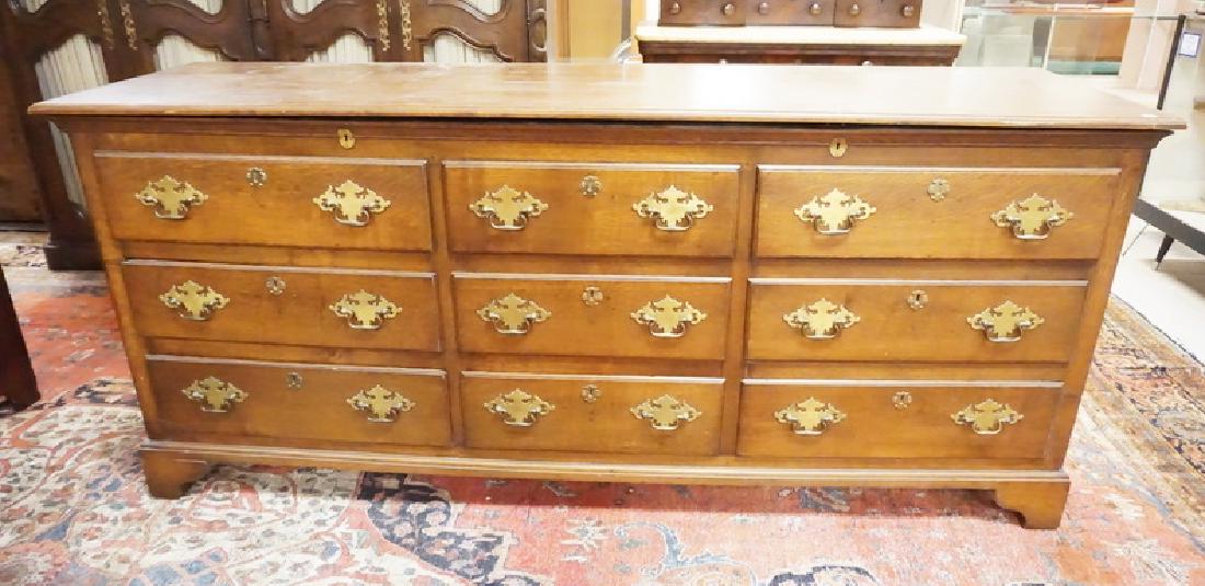 UNUSUAL LARGE ENGLISH OAK BLANKET CHEST: ENGLISH OAK BLANKET CHEST WITH 2 GLOVE BOXES AND 2 SMALL INTERIOR DRAWERS, HAS 6 DRAWERS BENEATH. TOP ROW IS FAUX. 82 1/2 IN X 23 1/2 IN, 36 1/2 IN H