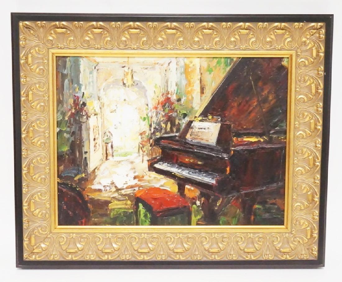 OIL PAINTING ON CANVAS OF A PIANO: CONTEMPORARY OIL PAINTING ON CANVAS OF A PIANO. SIGNED LOWER RIGHT. 21 X 17 INCH FRAME.