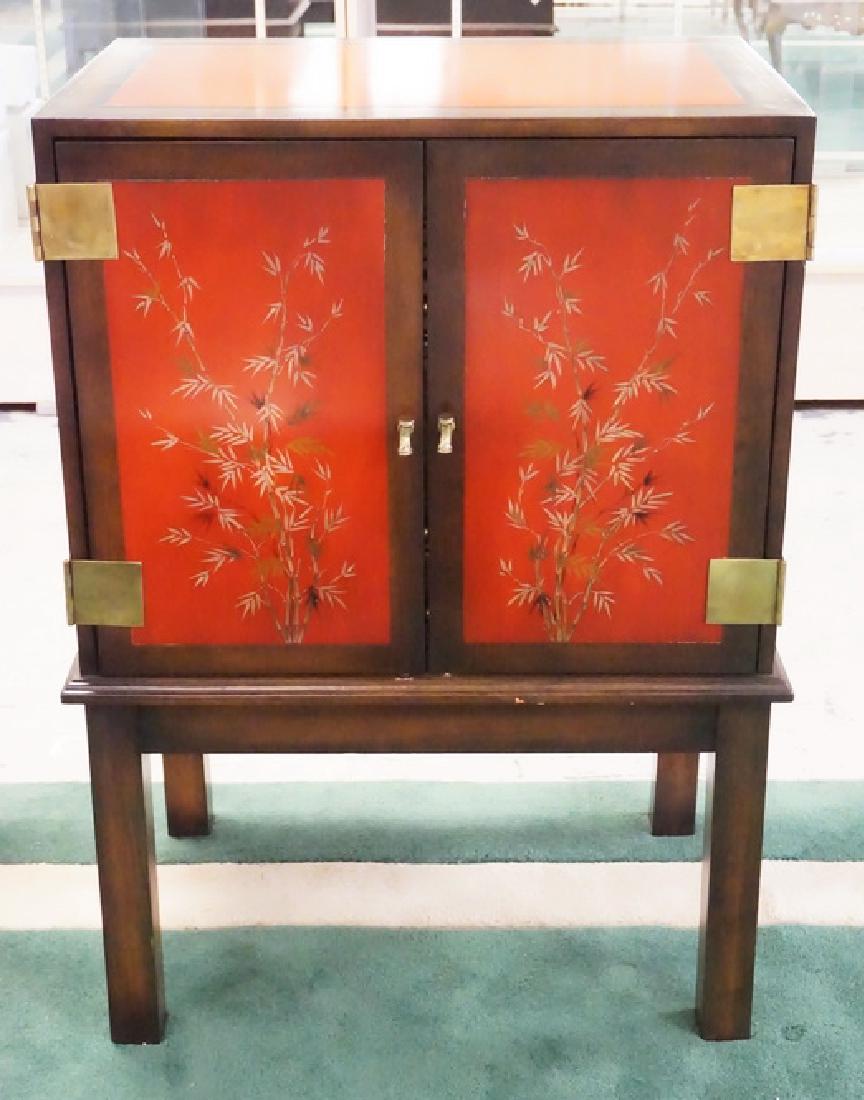 ASIAN CABINET ON HIGH LEGS: ASIAN CABINET ON HIGH LEGS. HAND PAINTED DOORS. 10 DRAWERS ON THE INTERIOR. 30 INCHES WIDE. 43 1/2 INCHES HIGH.